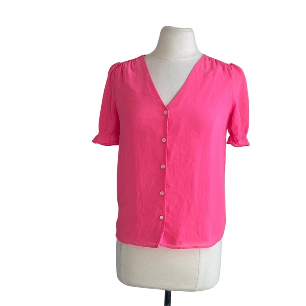 J. CREW V-Neck Button Down Womens Sz  XXS Hot Pink Gauze Short Sleeve